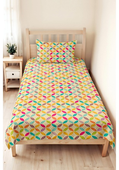 Renkli Geometrik Genç Odası Tek Kişilik Pike Takımı - Turkuaz Sarı 160x220 Cm Kapitone Yatak Örtüsü Buharlı Halı Aralığı