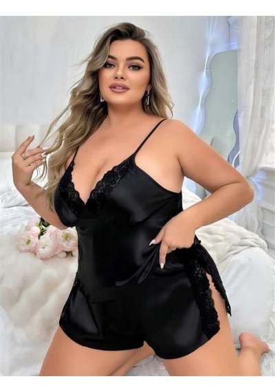 Aria's Closet Arias Closet Büyük Beden Siyah Yırtmaç Dantel İşlemeli Saten Şortlu Takım Siyah