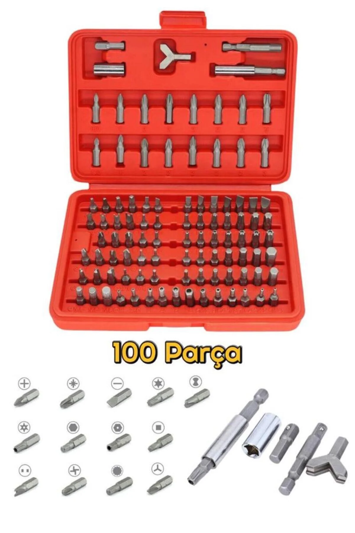 100 Parça Cr-v Çelik Bits Uç Seti Torx Hex Düz Yıldız Y Model Delikli Uçlar