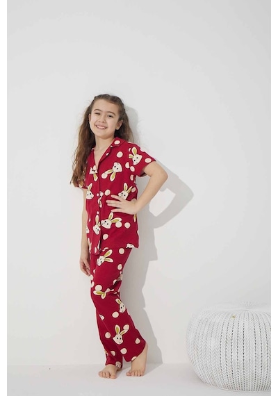Siyah İnci Pamuklu Likralı Düğmeli Pijama Takım Bordo