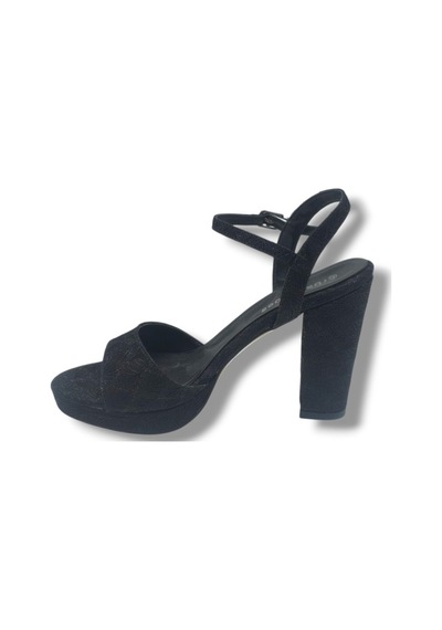 Erbay 321-26 Simli İşlemeli Saten Tek Bant Kalın Topuk Kadın Sandalet 11cm Siyah