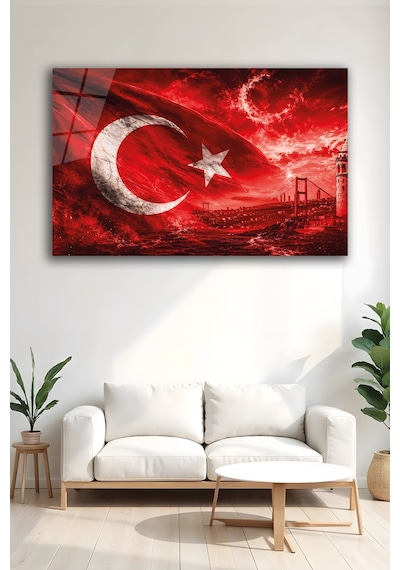 Türk Bayrağı Ay Yıldız Boğaz Köprüsü Cam Tablo Şık Duvar Tablosu Solmayan Canlı Renkler Salon Ve Oturma Odası Ev Hediyesi Parlak Cam Yüzey