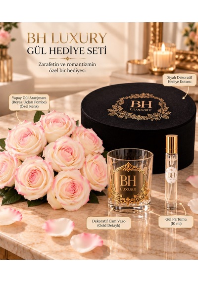 Bh Luxury Beyaz Pembe Yapay Gül Ve Gül Parfümü Hediye Seti Siyah Kutulu Beyaz - pembe