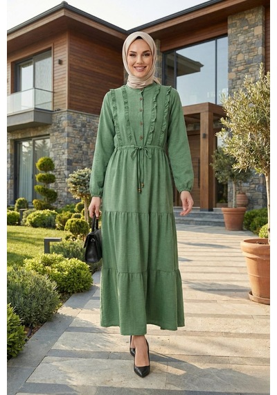 Hb Harma Time Butik Kadın Fırfır Detaylı Düğmeli Keten Mint Yeşil Elbise Açık Gri Açık Gri