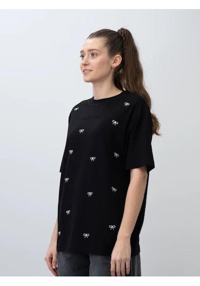 Zekids Kız Çocuk Fiyonk Nakışlı Oversize Tshirt-15536 Siyah Beyaz