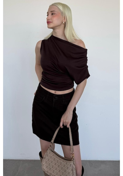 Kahverengi Tek Omuz Modern Kesim Şık Kadın Bluz Mg2669 Kahverengi