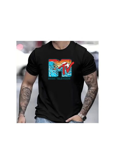 Caddemia Yaz  Moda Rahat Spor Gevşek Mtv Mektup Desen Baskı Yuvarlak Boyun Kısa Siyah 3XL