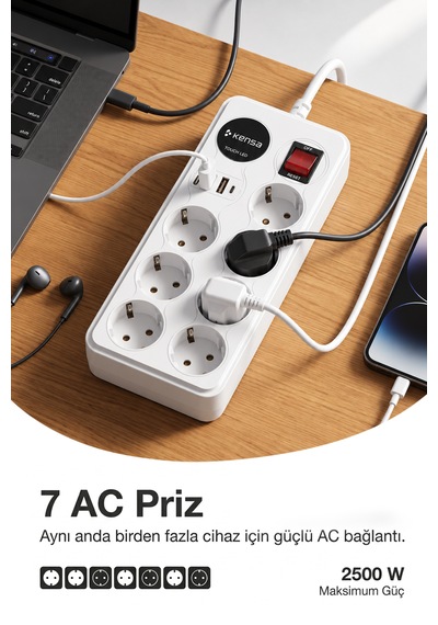 Akım Korumalı Priz 7'li + 2x Usb-a + 2x Usb-c 2 Metre Kablo 0 - 2 M
