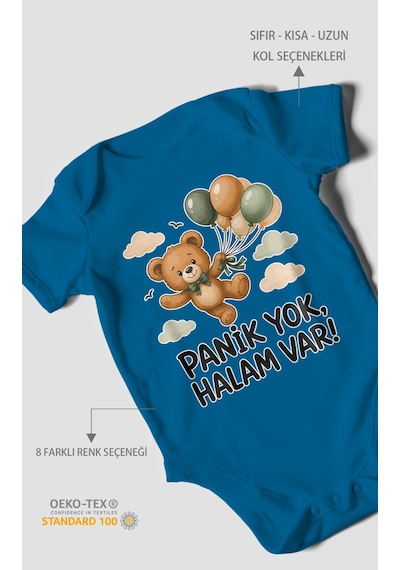 Morivokids Panik Yok, Halam Var Kısa Kollu Bebek Body %100 Pamuk Koyu Mavi