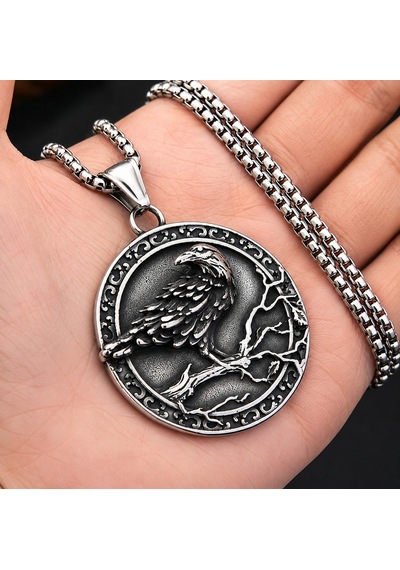 Paslanmaz Çelik Çift Taraflı Tasarım Vegvisir Rune Viking Kuzgun Kolye