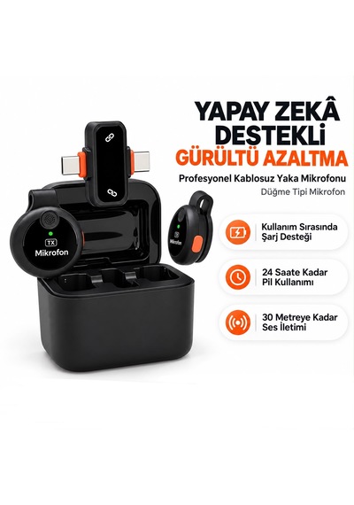 J33 Kablosuz Yaka Mikrofonu 30 Metre Menzil Kablosuz İletim 24 Saat Pil Çift Mikrofon Yapay Zeka Destekli Gürültü Engelleme 360 Derece Ses Algılama Tyep-c Ve Lightning Uyumlu-vlog-canlı Yayın-röportaj