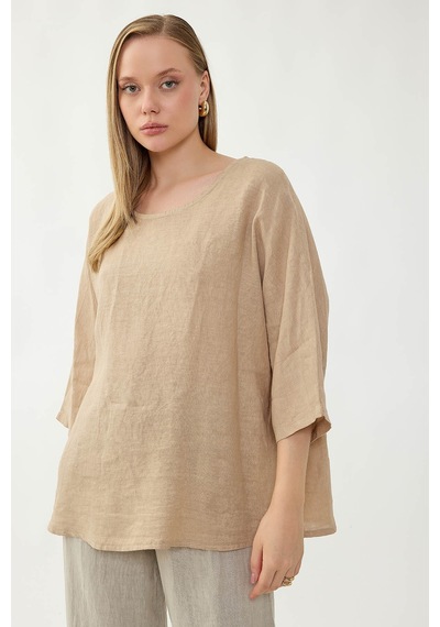 Vitrin %100 Keten Geniş Yaka Oversize Kısa Kol Bluz Bej