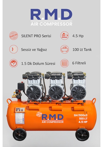 R.M.D Kompresör 100 Lt Hava Kompresörü Sessiz ve Yağsız 100Lt SH1100I3