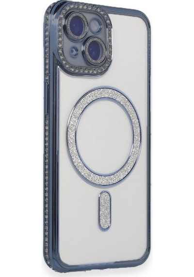 Apple Uyumlu iPhone 14 Kılıf Simli Magsafe Kamera Kenar Taşlı Kapak