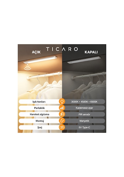 Tıcaro 32 Cm Cct Sensörlü Şarjlı Led Dolap Işığı, 62 Led, 2200 Mah, 1 Adet Gümüş