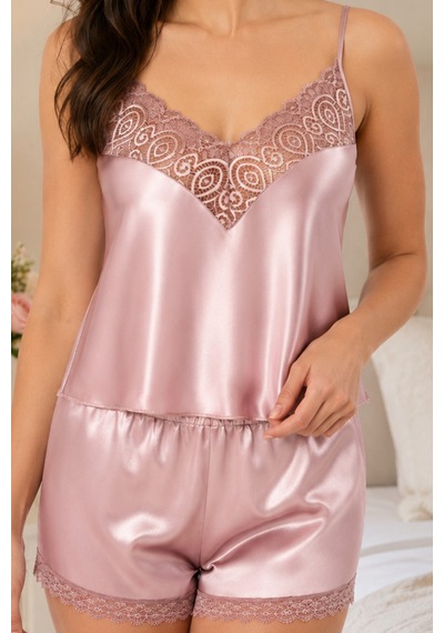Loule Kadın Vizon Dantel Yaka Ve Şort Kenarlı Saten Pijama Takımı