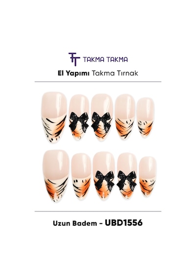 10'lu Ten Uzun Badem Ubd1556 Tekrar Kullanılabilir El Yapımı Protez Takma Tırnak Xs