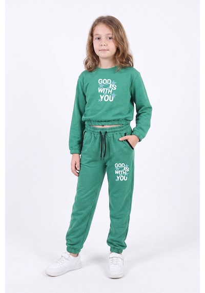 Fyk Kids Kız Çocuk Bisiklet Yaka Kısa Kesim Baskılı Çift Cepli Eşofman Takımı Yeşil