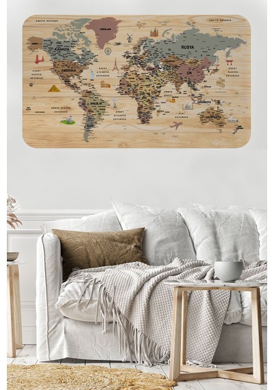 Ahşap Görünümlü Türkçe Eğitici Detaylı Atlası Dünya Haritası Duvar Sticker-85x130-3844 Çok Renkli
