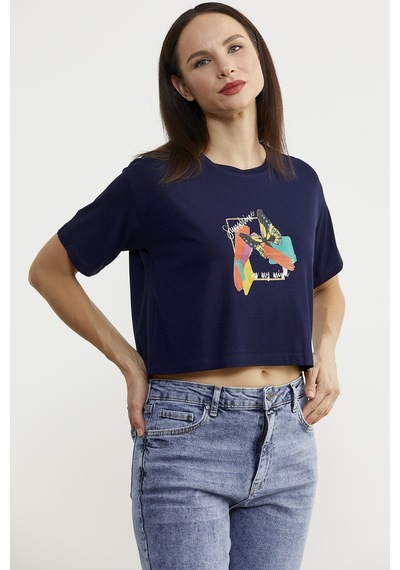 Oversize Baskılı Crop Tişört - Lacivert Çok Renkli