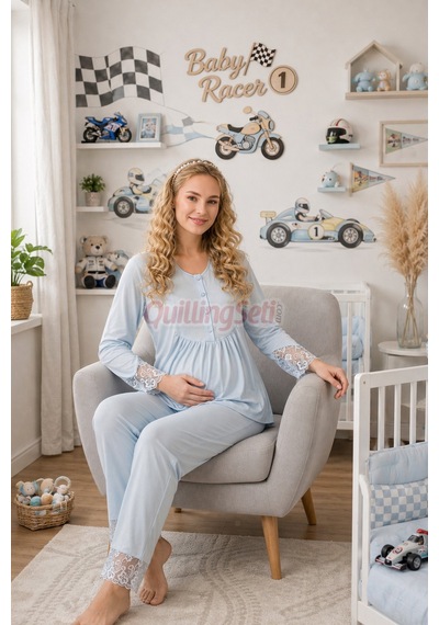 Lady Dantel Detaylı 33204 Uzun Kol 2 Parça Lohusa Hamile Pijama TakımıBebe Mavi Renkli