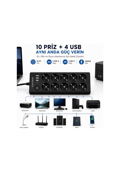 Çoklu Priz 10 Lu Grup Priz Usb Li 3x Usb-a, 1x Usb-c , 3680w 16a, 2 Metre Kablo, Topraklı Uzatma Kablosu, Ev Ofis Gaming İçin Diğer