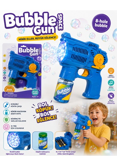 Işıklı Ve Sesli Köpük Tabancası Bubble Gun Köpük Solüsyonlu Mavi