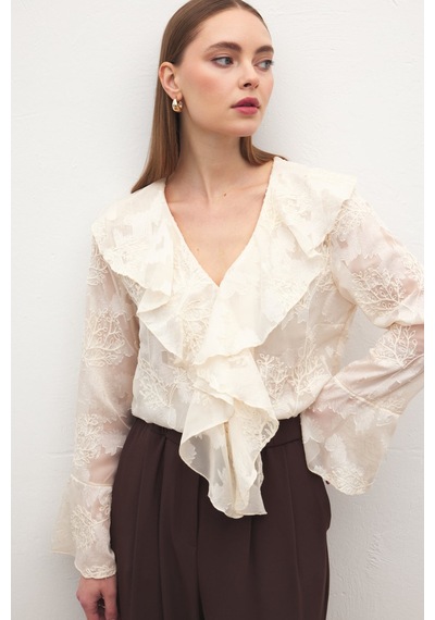 Sateen Fırfır Detaylı Nakışlı Gömlek - Bej-137182 bej
