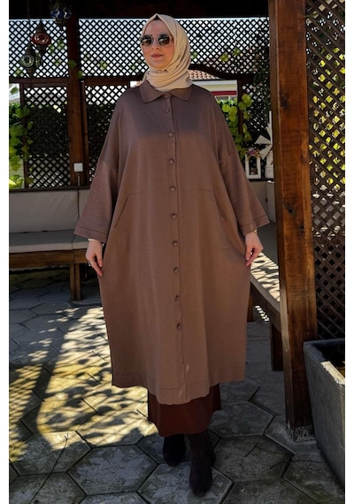 Rabia Şamlı Panço Triko Hırka Sütlü Kahve Normal