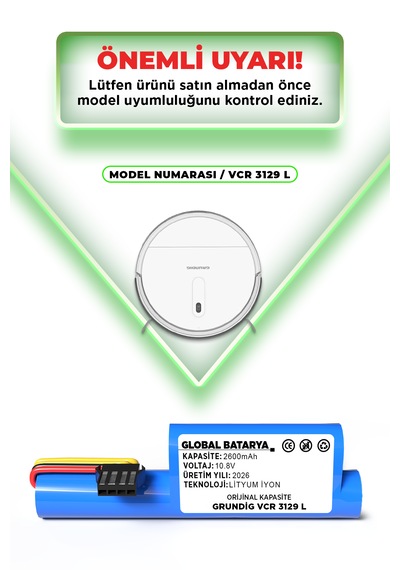 Grundig Vcr 3129 L Uyumlu Robot Süpürge Bataryası 10.8v 2600mah Li-ion Pil  Kapasite