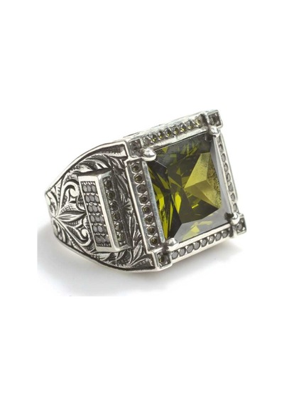 925 Ayar Gümüş Kare Peridot Taşlı Erkek Yüzük (552868294)