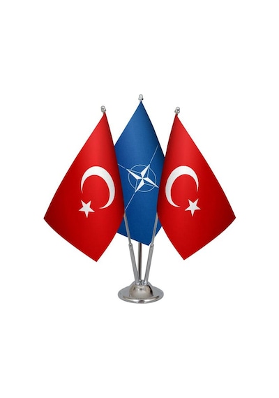 Masa Üstü Nato Bayrağı Türk Bayrağı Üçlü Krom Direk Masa Bayrak S
