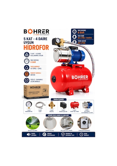 Böhrer Ba011427 5 Kat 5 Daire Uygun Bakır Sargılı Paslanmaz Otomatik Hidrofor Su Pompası