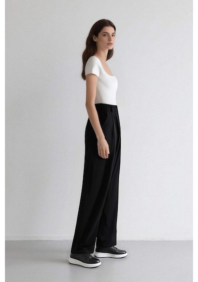 Defacto Wide Leg Cepli Pensli Basıc Klasik Dokuma Palazzo Pantolon C6375AX24HS Siyah