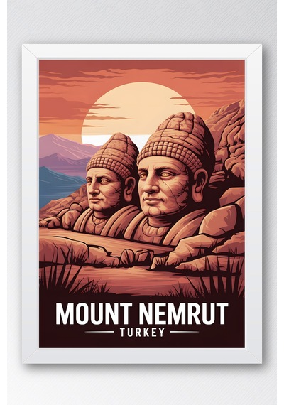 Nemrut Dağı Tablo - Retro Travel Poster - Adıyaman Şehiri Duvar Dekoru - Çerçeveli İllüstrasyon Beyaz