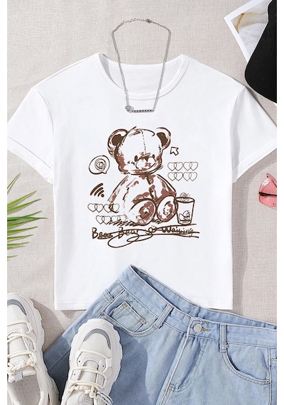 Uyguntarz Çocuk Oyuncak Ayı Baskılı Pamuklu Tshirt Beyaz