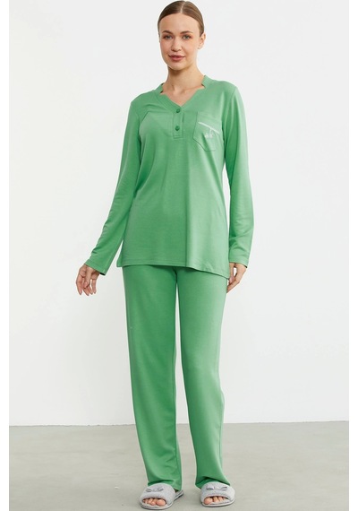 Feminight Sementa 76438 Yarım Düğmeli Cep Detaylı Pijama Takım Yeşil