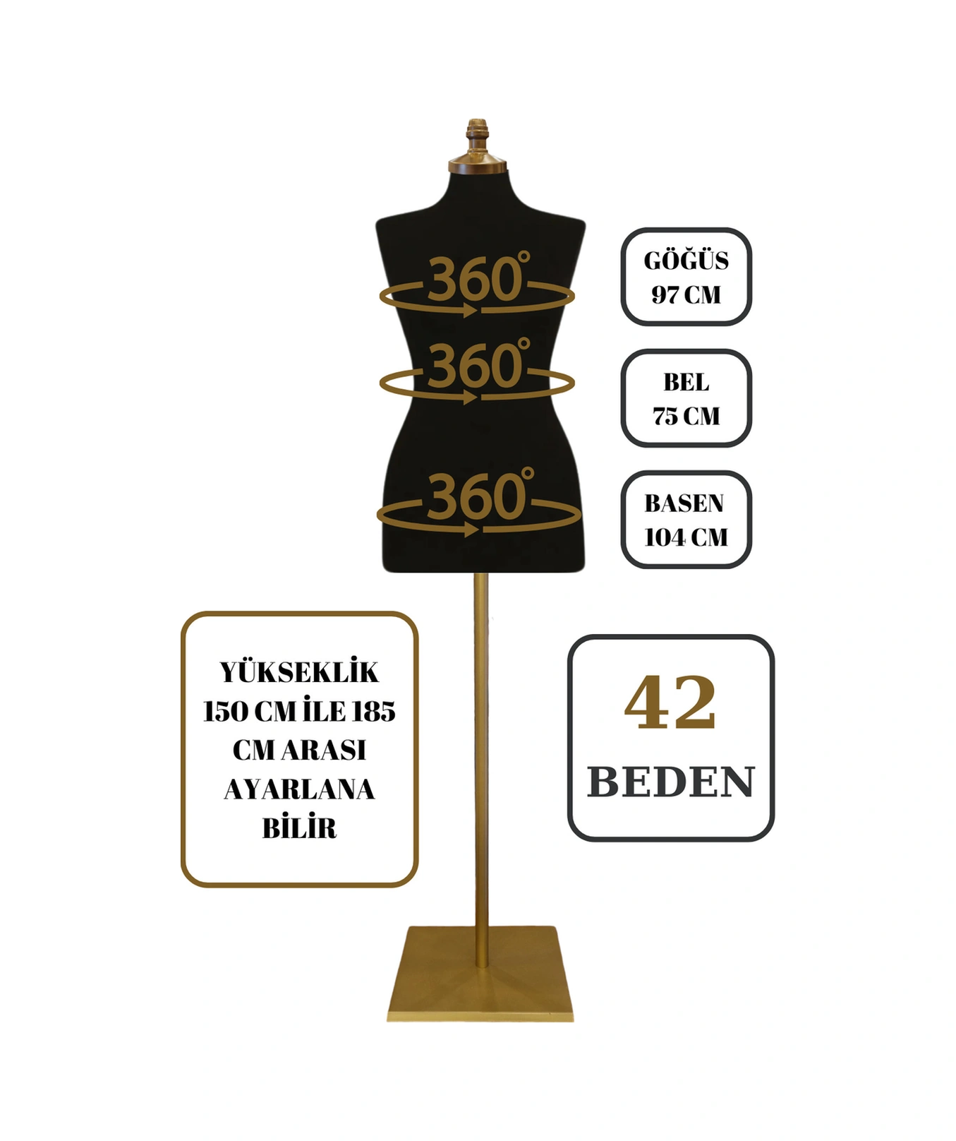 42 Beden Iğne Batabilen Terzi Mankeni Prova Mankeni Sünger Manken Gold Ayaklı Siyah Kumaş Po-01