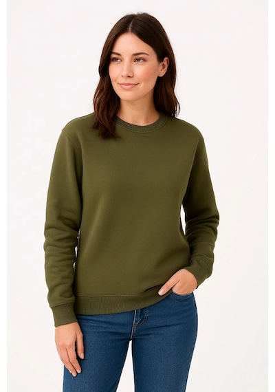 Primemagazam Kadın 3 İplik Pamuklu Düz Bisiklet Yaka Sweatshirt - Haki Çeşitli