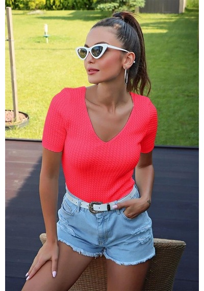 Aqe Fashion V Yaka Kısa Kol Fuşya Bluz FUŞYA