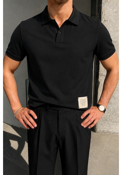 Tarz Cool Erkek Basic Polo Yaka Pamuklu Kısa Kollu Tişört Siyah