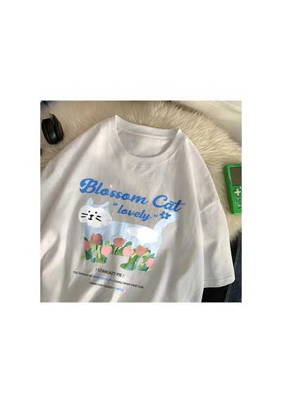 Tarzsokak Beyaz Sokak In Güzel Çiçeği Kedi Baskılı Streetwear O-boyun Nefes Gevşek Üstleri Yaz R