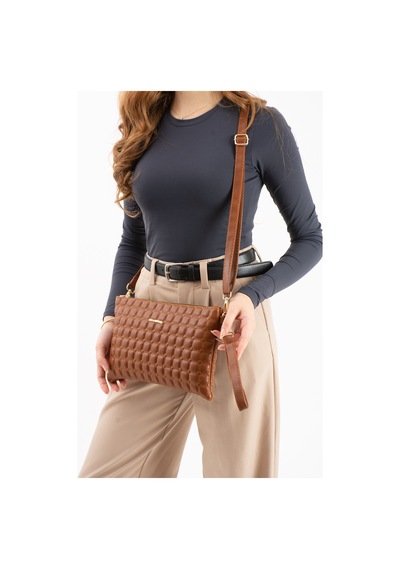 Sanmorris Kadın Suni Deri Taba Renkli Ayarlanabilir Çapraz Ve El Askılı Portföy, Clutch Çanta Taba