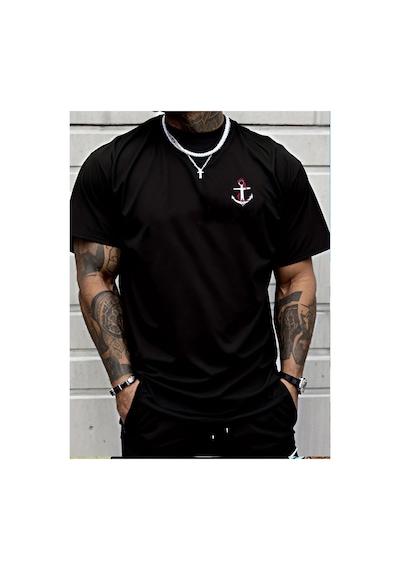 Caddemia Yaz Moda Rahat Gevşek Spor Ejderha Ve Tekne Çapa Deseni Baskılı Yuvarlak Yak Siyah 2XL Caddemia Yaz Moda Rahat Gevşek Spor Ejderha Ve Tekne Çapa Deseni Baskılı Yuvarlak Yak Siyah 2XL