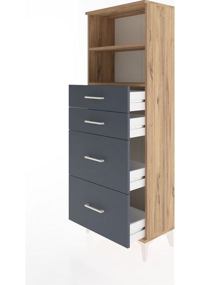 Arges Dolap 2 Raflı 4 Çekmeceli 60x30x163 Çam-antrasit Atlas Çam