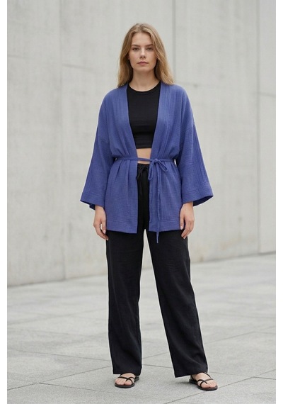 Kadın Mor Kimono Ceket Oversize Bağlamalı Salaş Yazlık Kimono Hırka