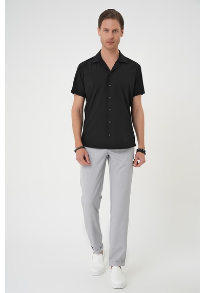 Efor Slim Fit Apaş Yaka Kısa Kol Esnek Casual Siyah Gömlek G 1589 Siyah