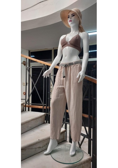 Eren Style İtalyan Kemerli Keten Pantolon-9260 Krem