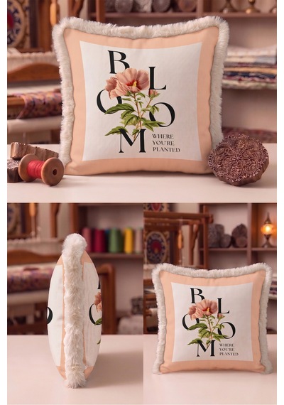 Botanik Çiçek Motifli Saçaklı Yastık Kılıfı - Floral Bohem Pudra Ekru Vizon Püsküllü Kırlent Kılıfı Yalın Sahil Mira