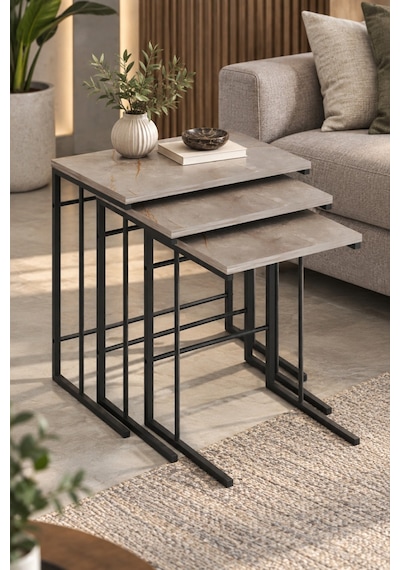 Sulorahome 3'lü Kare Zigon Sehpa Seti Gri Mermer Desenli Metal Ayaklı Açık Gri